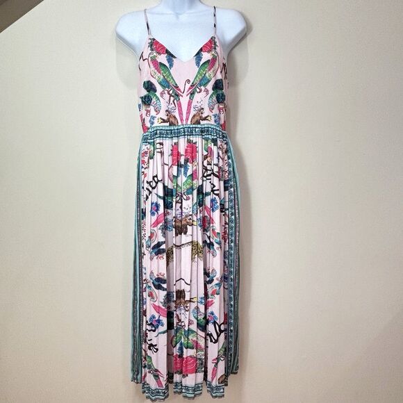 H&M Pink Pleated Jungle Print Midi Dress 6 Strappy Lace Up Back Tropical Animals - Picture 1 of 12